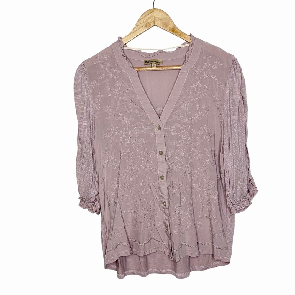 Democracy Embroidered Boho Top Mauve Lavender Womens L Pastel Stretch Sheer